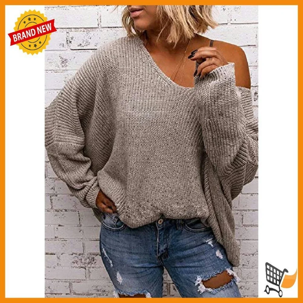 Oversized V-Neck Pullover Sweater - Soft Knit Long Sleeve Top